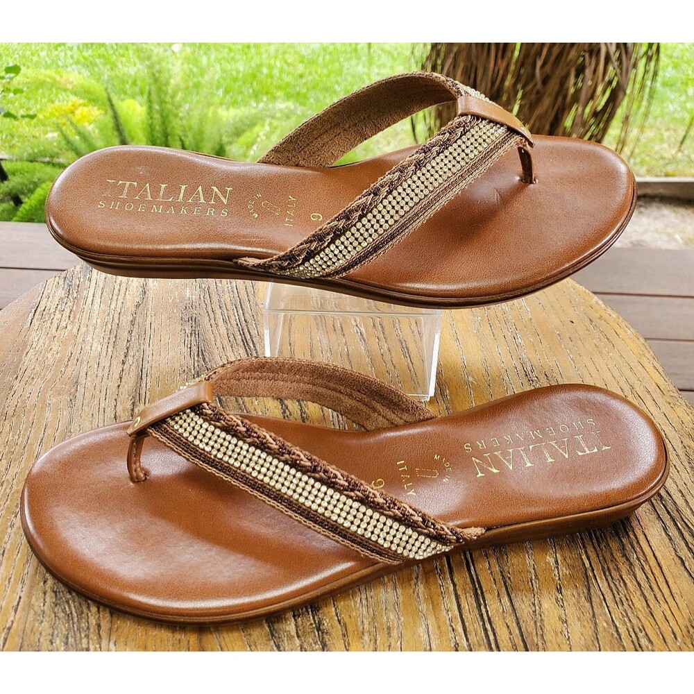 Italian Shoemakers Womens Bronze Thong Sandals US 9 Beaded Crystals Rhinestones